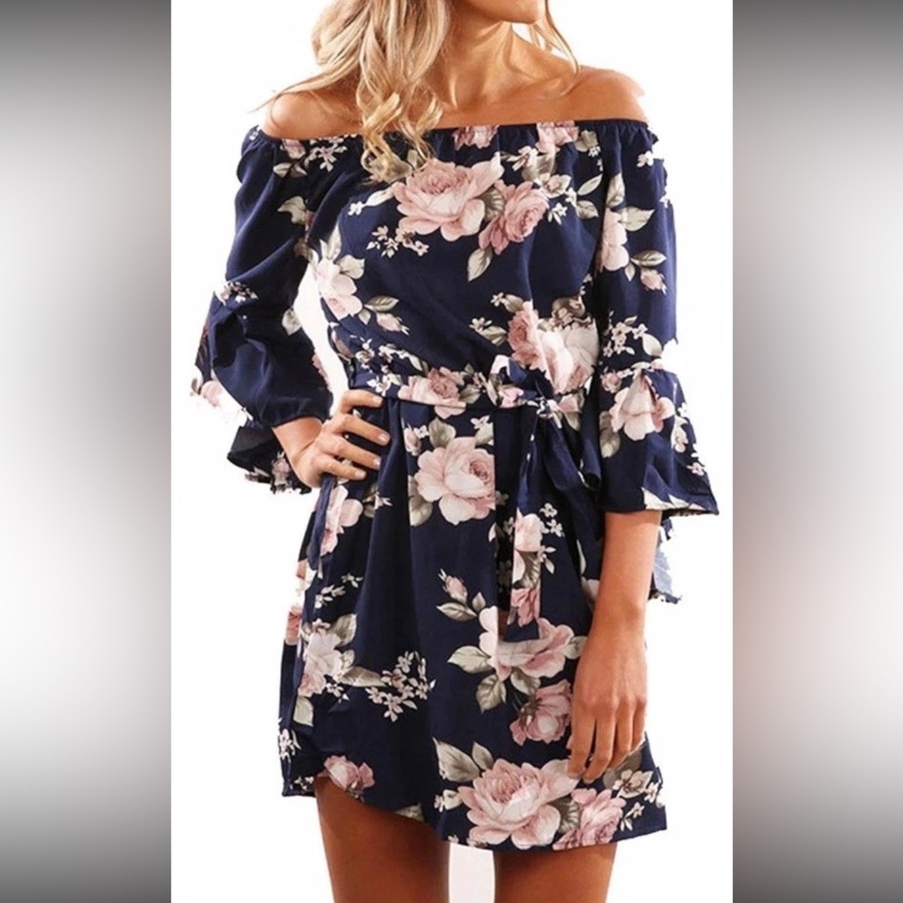 Yobecho Off The Shoulder Women’s Mini Dress Medium Tie Waist Feminine Flirty